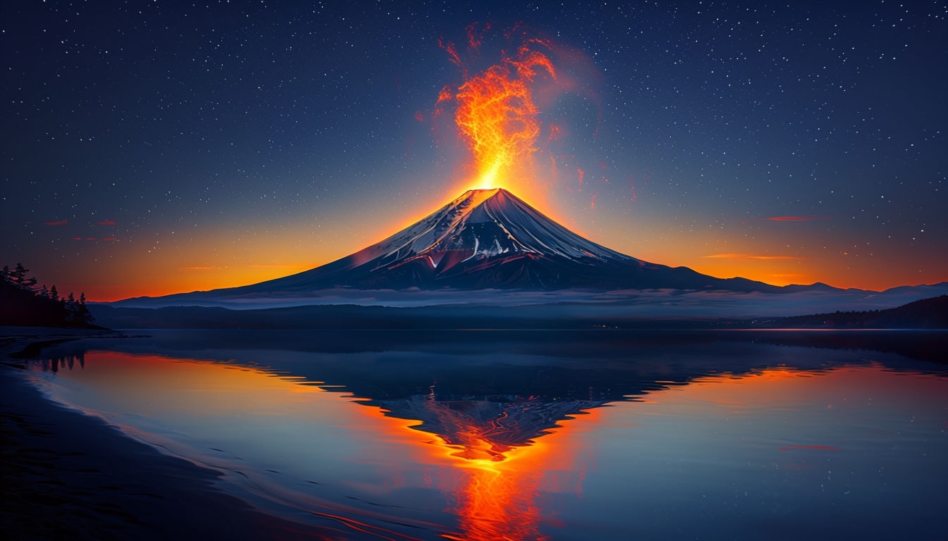 Dramatic Night View of Mount Fuji Illuminated by Fire Background