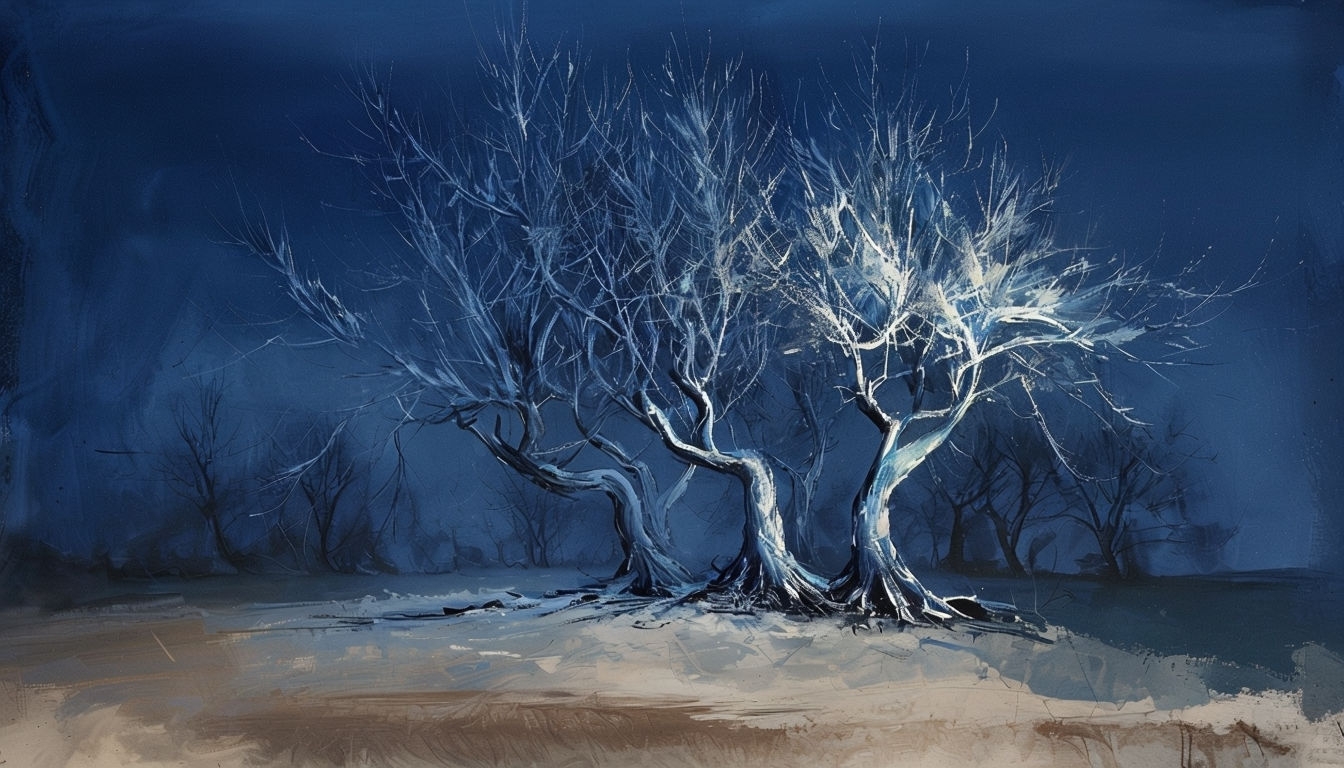 Tranquil Nighttime Landscape with Illuminated Bare Trees Background