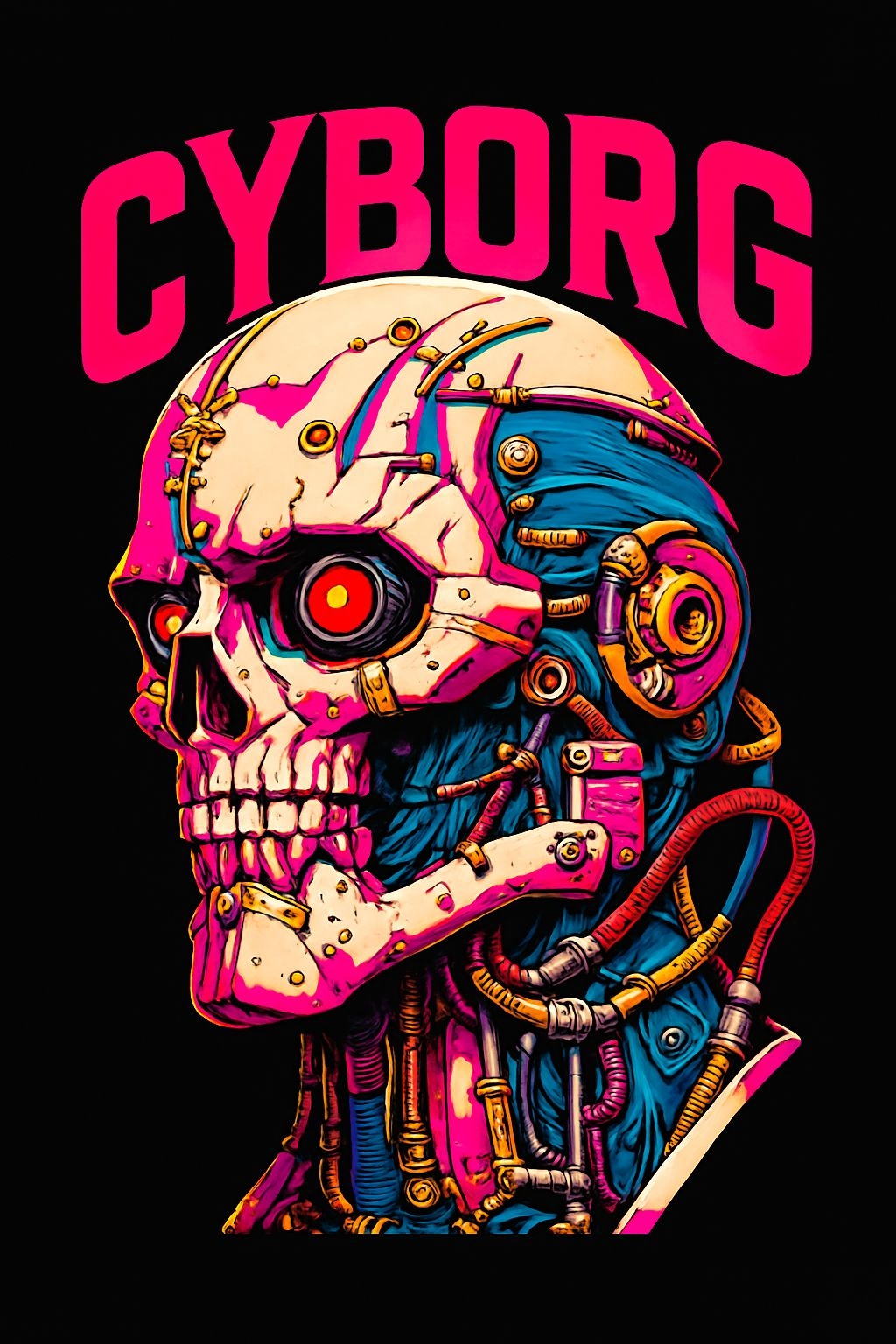 Intricate Cyberpunk Cyborg Skull Illustration T-Shirt
