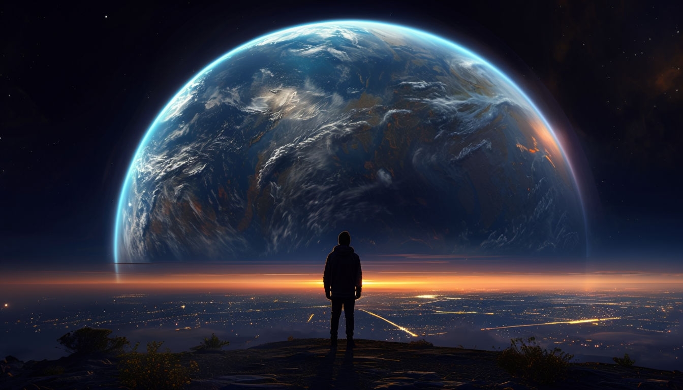 Dramatic Cosmic Landscape with Silhouette and Planet Backgrounds