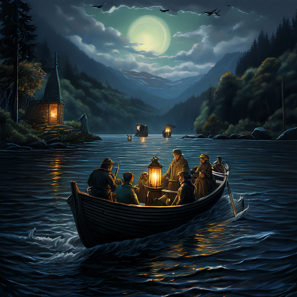 People in a small boat carry a lantern. Add Loch Ness monste... by Anes