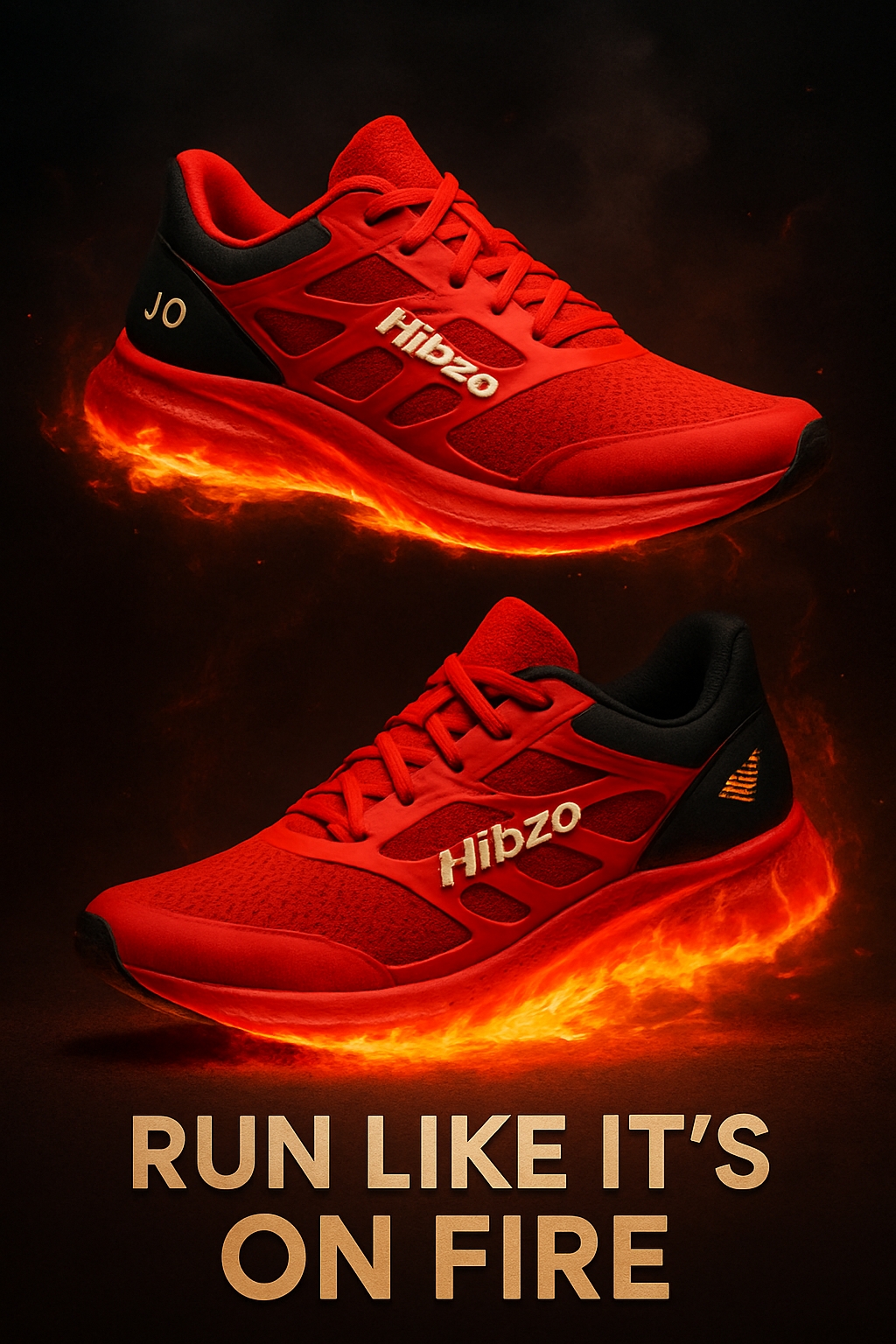 Dynamic Hibzo JO Red Running Shoes with Fiery Effects Social Media Post