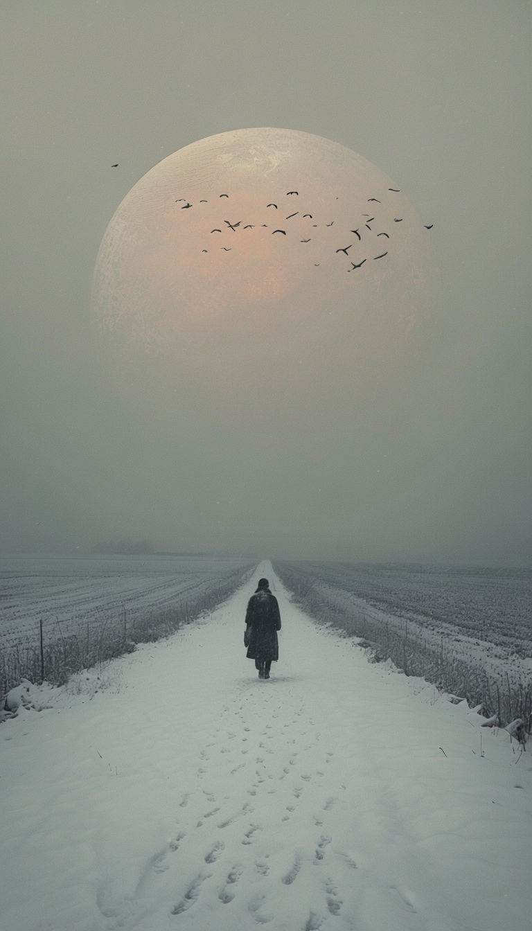 Melancholic Winter Journey Toward Celestial Body Mobile Wallpaper