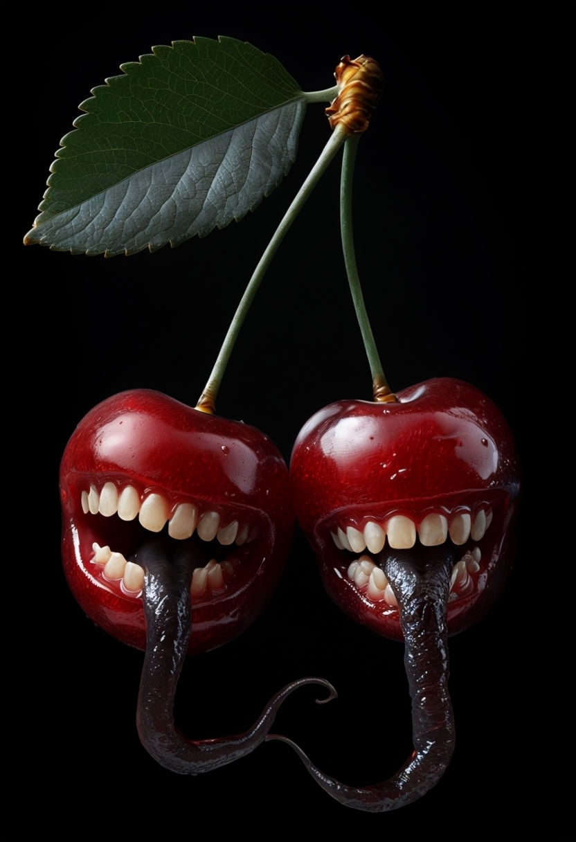 Sinister Cherries with Sharp Teeth on Black Background Mobile Wallpaper