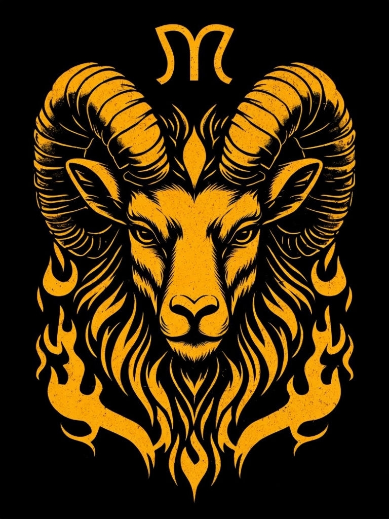 Mustard Yellow Ram Illustration with Zodiac Symbol Art