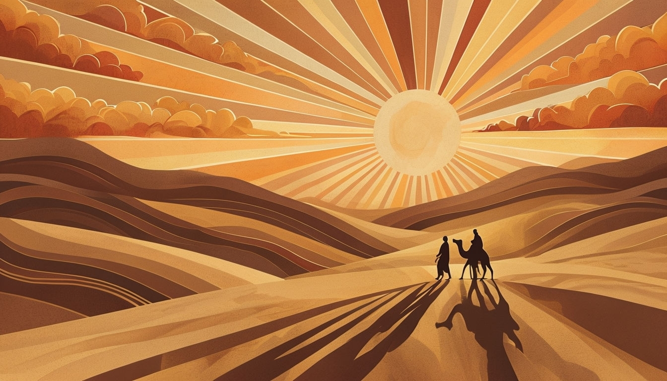 Dramatic Desert Sunset Illustration with Silhouettes Virtual Background
