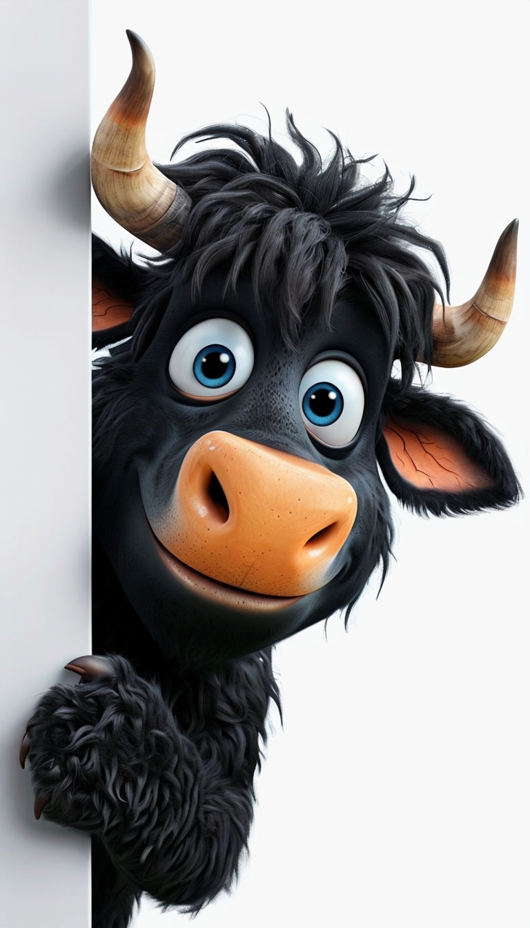 Cheerful 3D Cartoon Black Bull Character Peeking Illustration Mobile Wallpaper