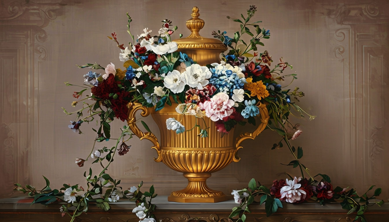 Ornate Golden Urn with Vibrant Floral Arrangement Painting Background