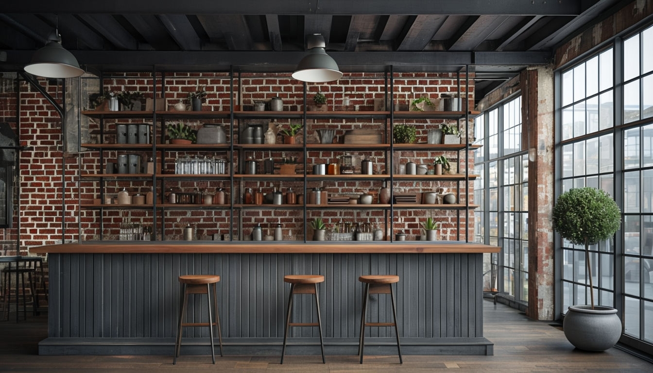 Modern Industrial Bar Area with Shelves and Natural Light Art