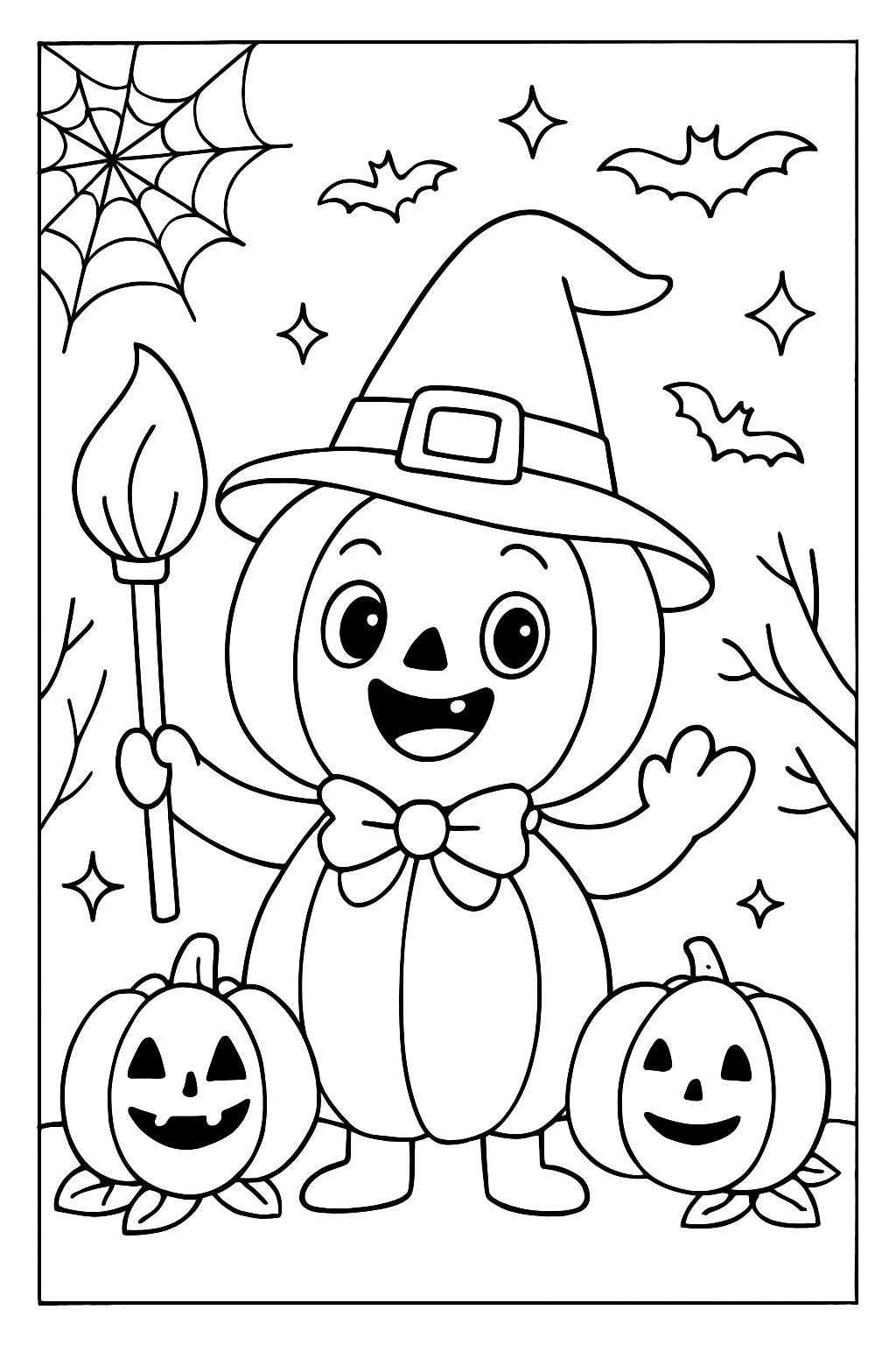 Cartoon Pumpkin Character with Halloween Elements Coloring Book Pages