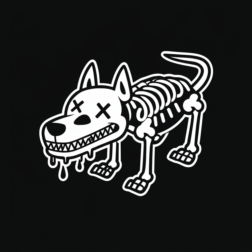 Cartoonish Skeletal Dog Illustration on Black Background T-shirt