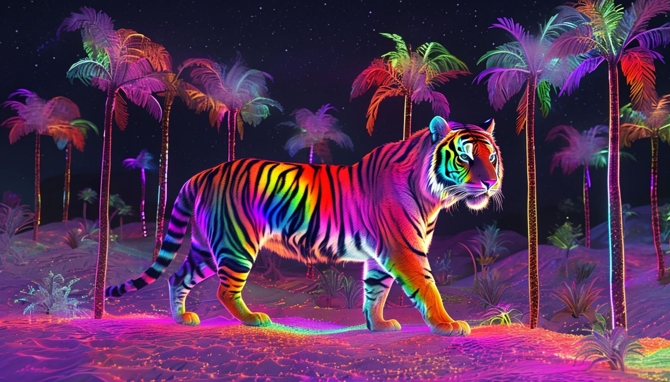 Majestic Neon Tiger in Surreal Jungle Landscape Background