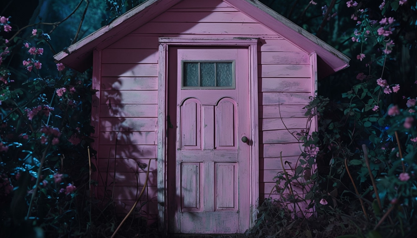 Eerie Nighttime Pink Doll House with Mystical Ambiance Background