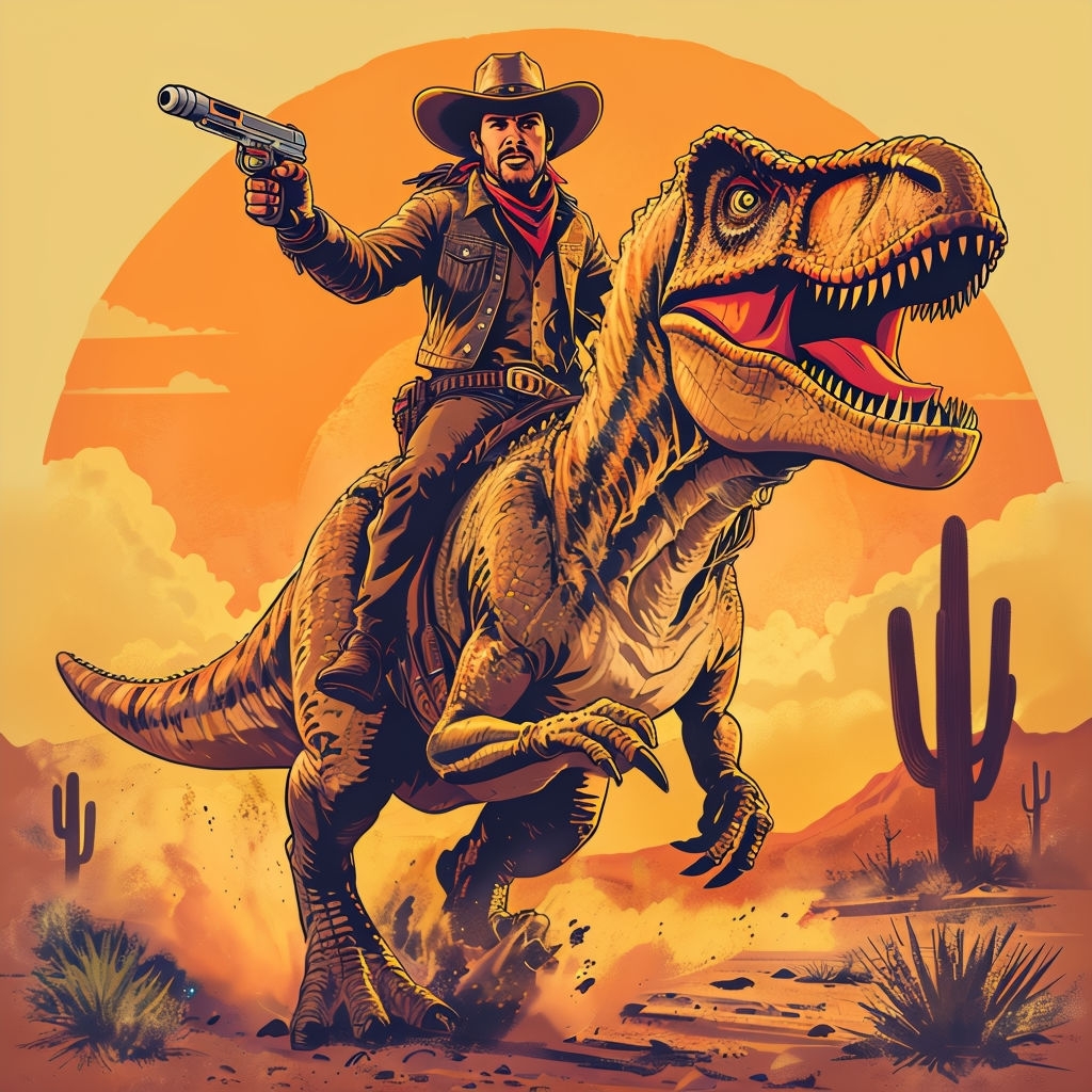 Heroic Cowboy Riding T-Rex in Dynamic Western Comic Art