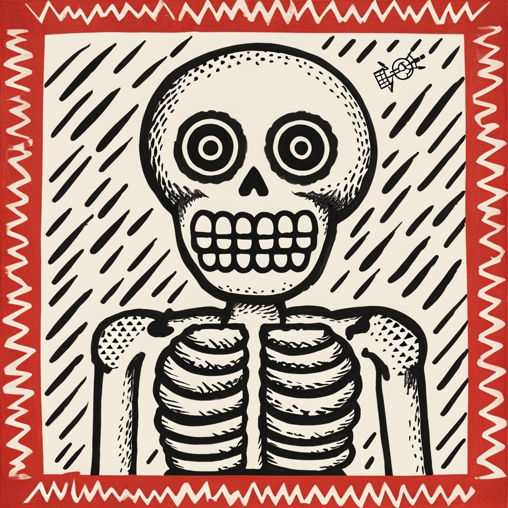 Eerie Whimsical Skeleton Line Drawing with Red Border T-Shirt