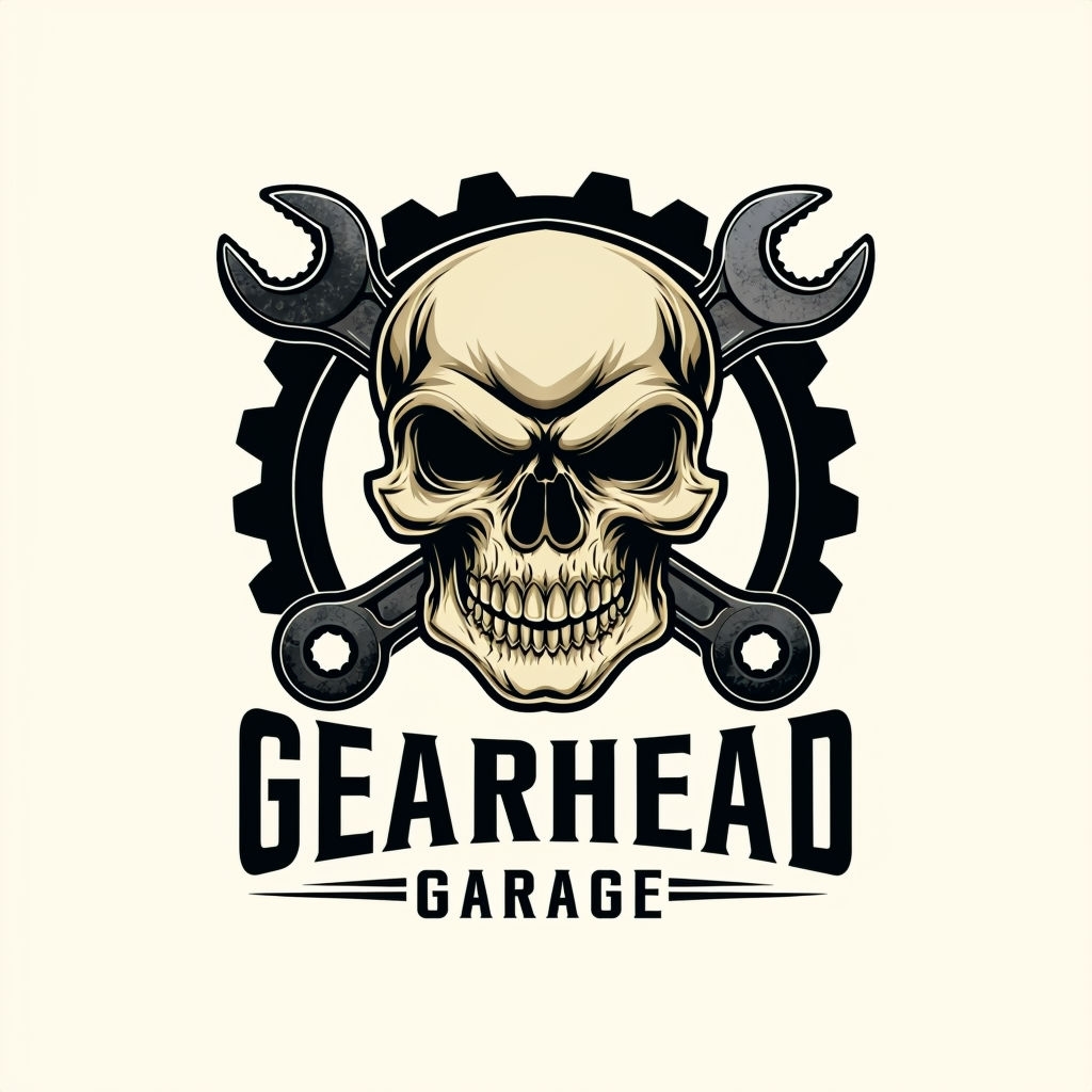 Edgy Skull and Wrench Logo Design for Gearhead Garage