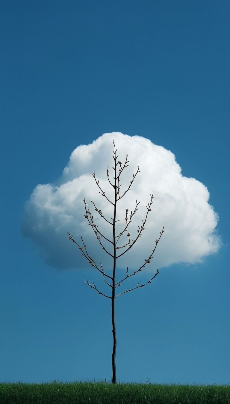 Solitary Bare Tree Sapling Against Blue Sky and White Cloud Mobile Wallpaper