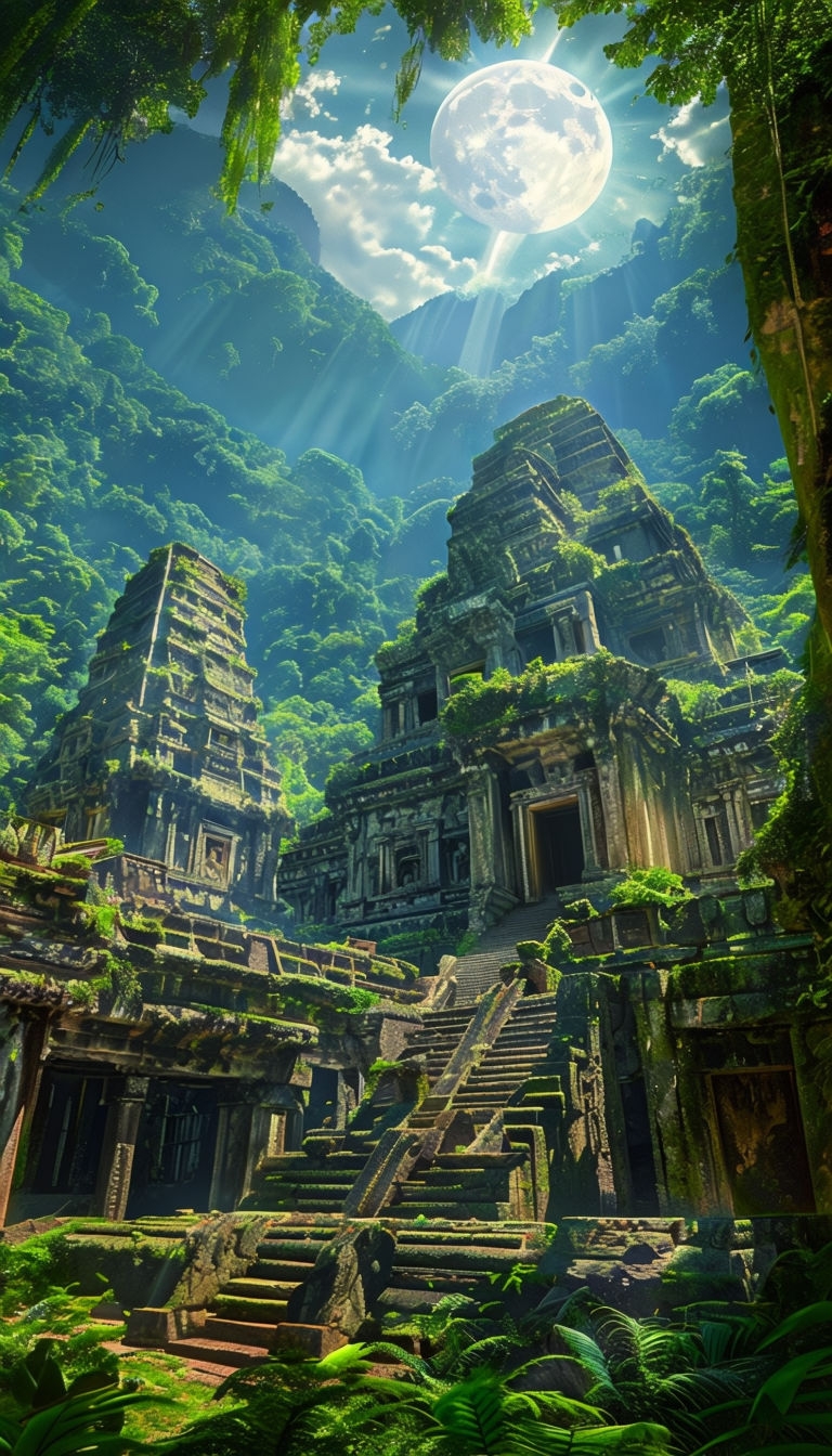 Ancient Temple Complex in Lush Rainforest Under Full Moon Mobile Wallpaper