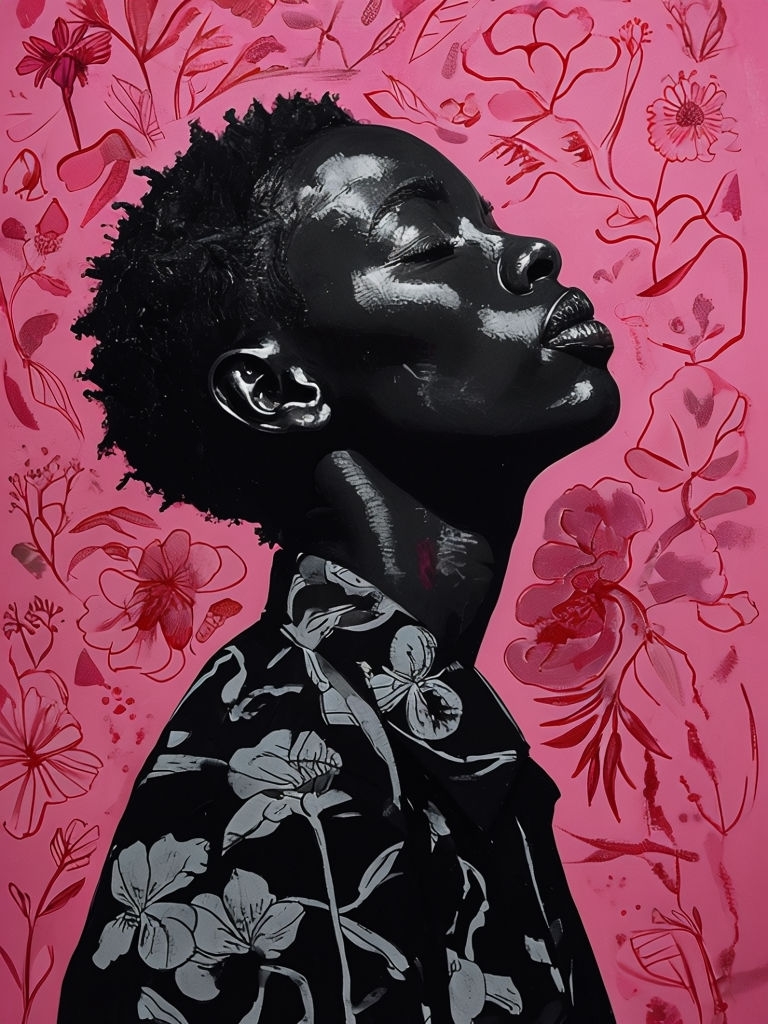 Serene Profile Portrait with Floral Patterns in Vibrant Pink Art