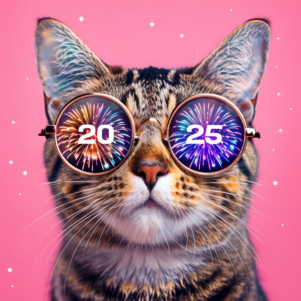 Whimsical Tabby Cat with Glasses and Fireworks Background Card