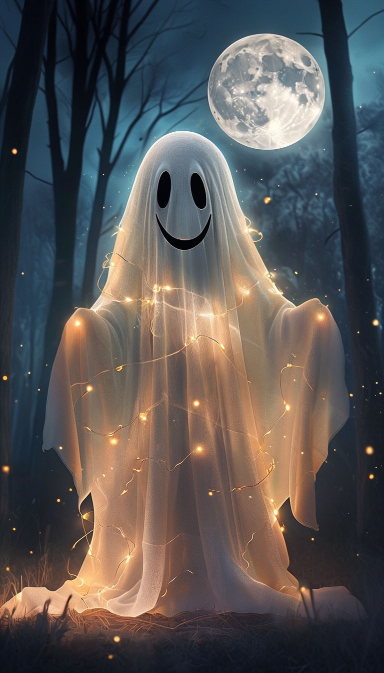 Haunting Ghostly Figure in Dark Eerie Forest Mobile Wallpaper