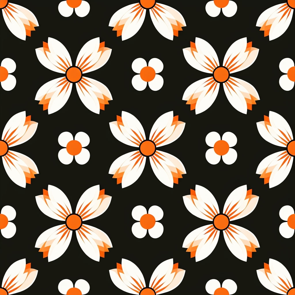 Modern Geometric Floral Pattern with Orange Accents on Black Background Seamless Pattern