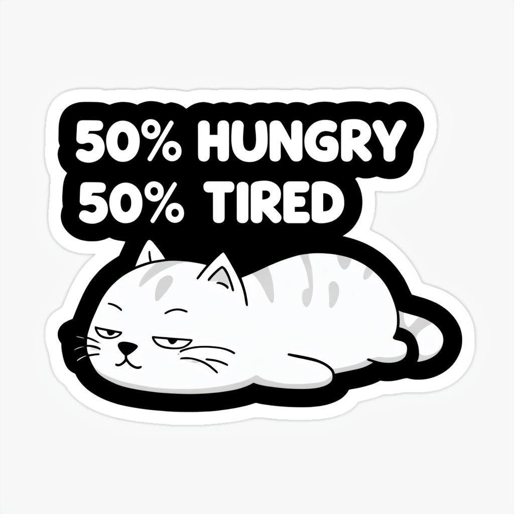 Playful Cartoon White Cat 50% Hungry 50% Tired Sticker