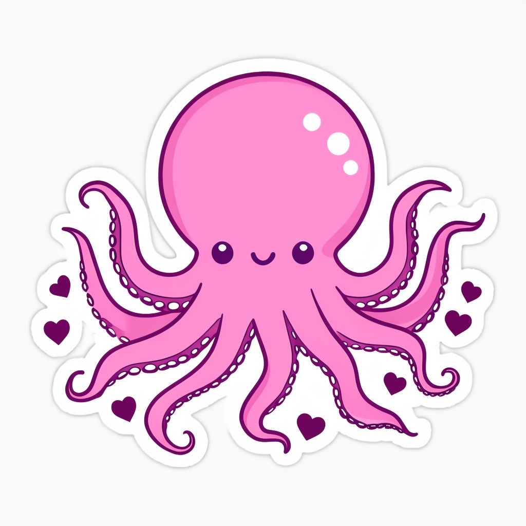 Cute Pink Cartoon Octopus with Hearts Sticker