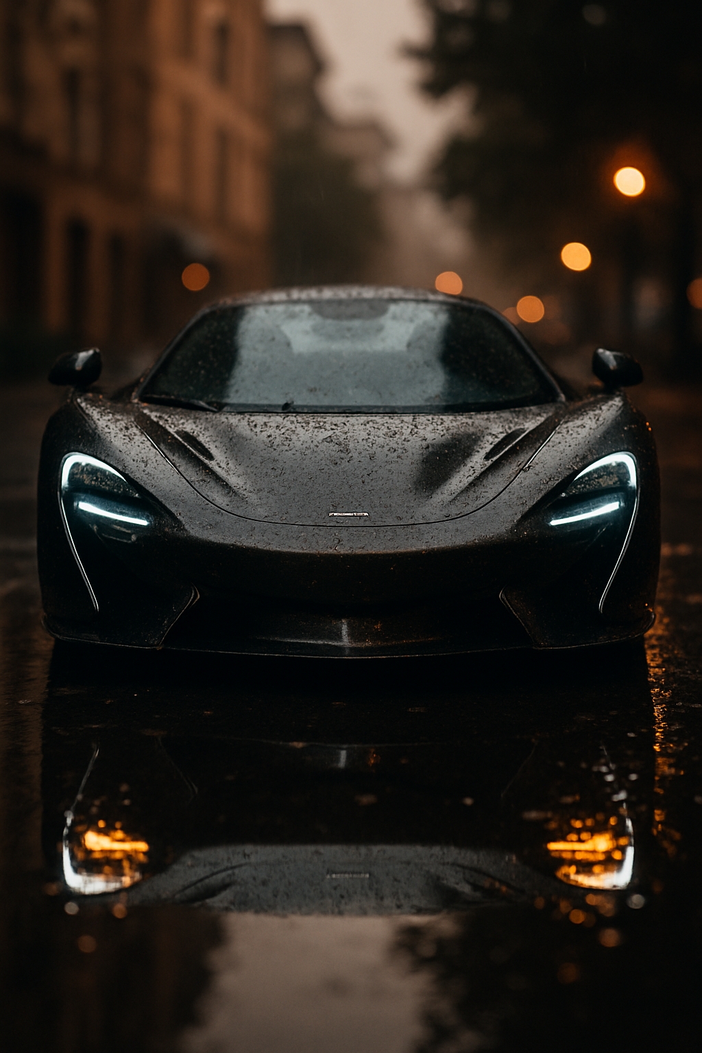 Sleek Black Sports Car in Urban Night Setting Mobile Wallpaper
