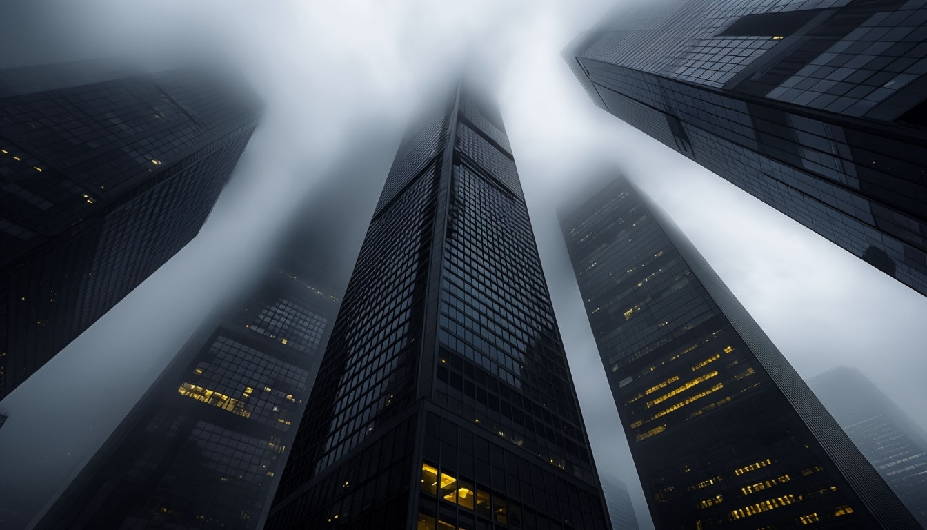Dramatic Low-Angle Urban Skyscrapers in Fog Virtual Background
