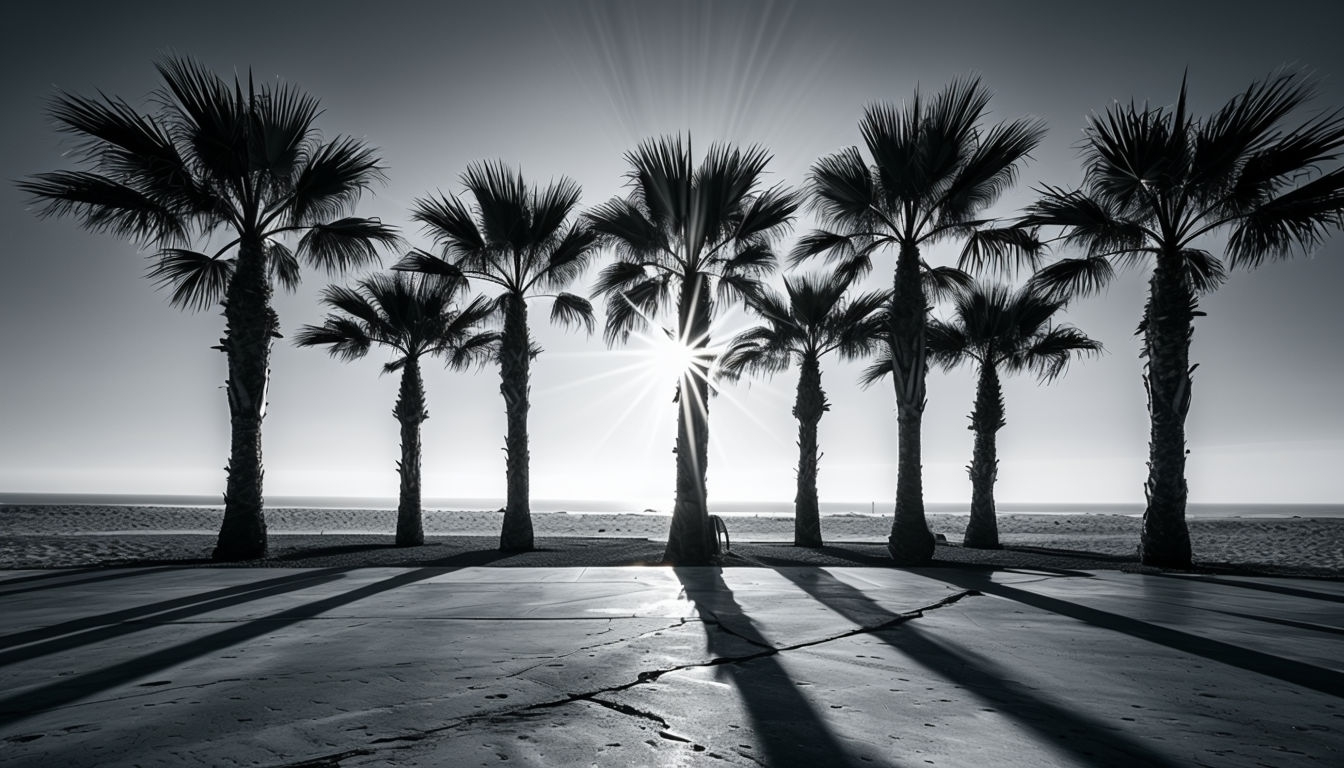 Serene Black and White Palm Trees Beach Scene Virtual Background