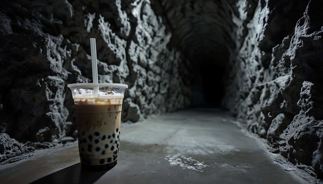 Eerie Rocky Tunnel with Boba Drink Virtual Background