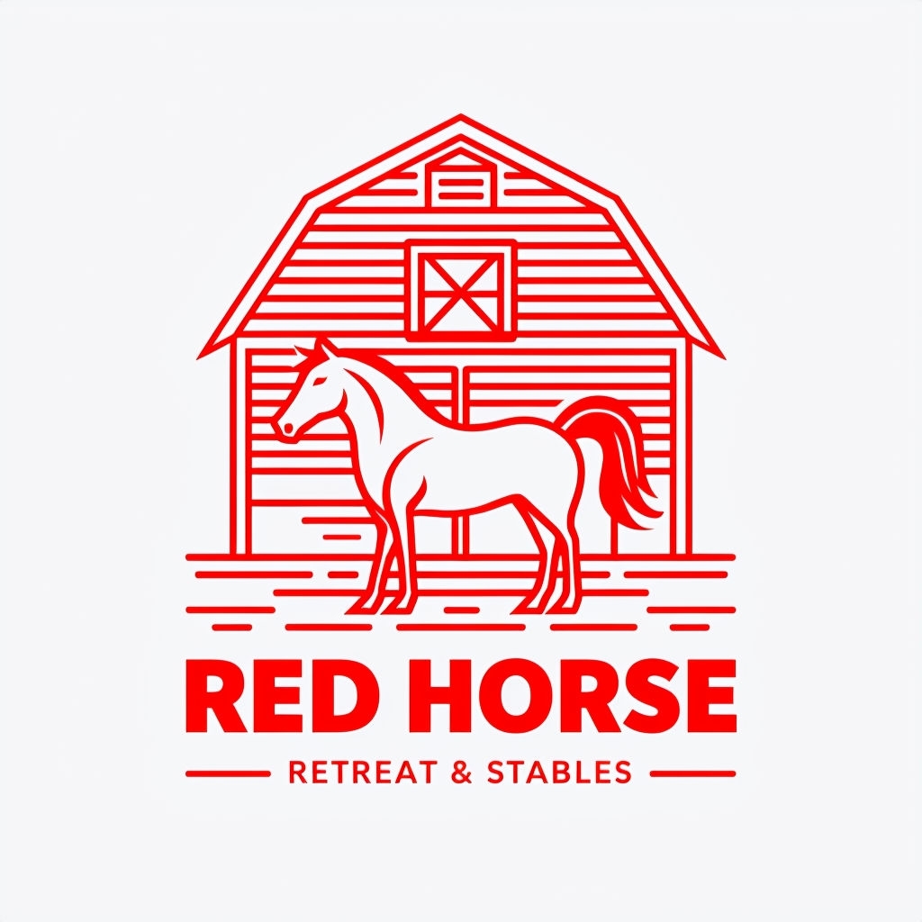 Minimalist Red Barn and Horse Logo for Retreat and Stables