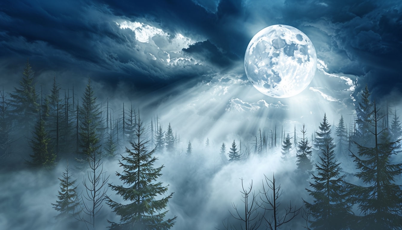 Mysterious Nocturnal Forest Scene with Full Moon Virtual Background