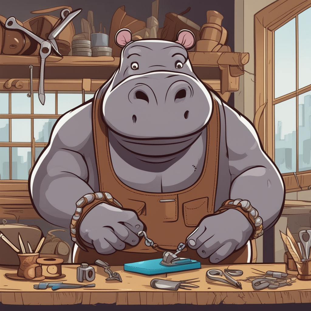 A cartoon hippo with muscles and leather bracelets sews a le... by ...