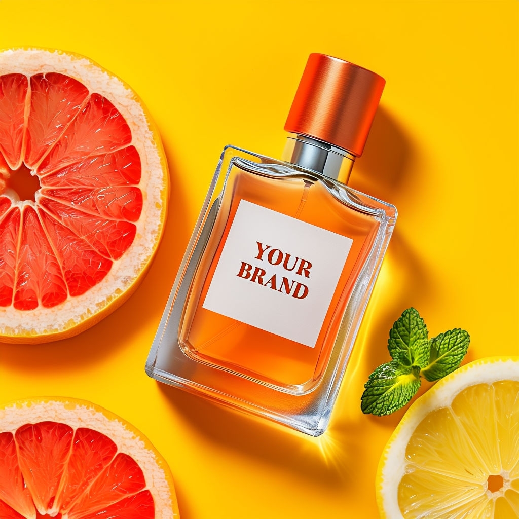 Vibrant Perfume Bottle with Fresh Fruit on Yellow Background Social Media Post