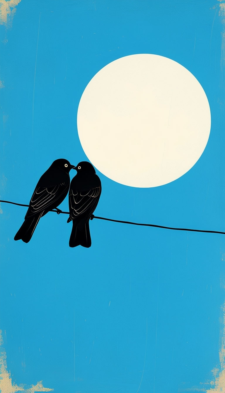 Minimalist Black Bird Silhouettes Perched Under Moon Mobile Wallpaper