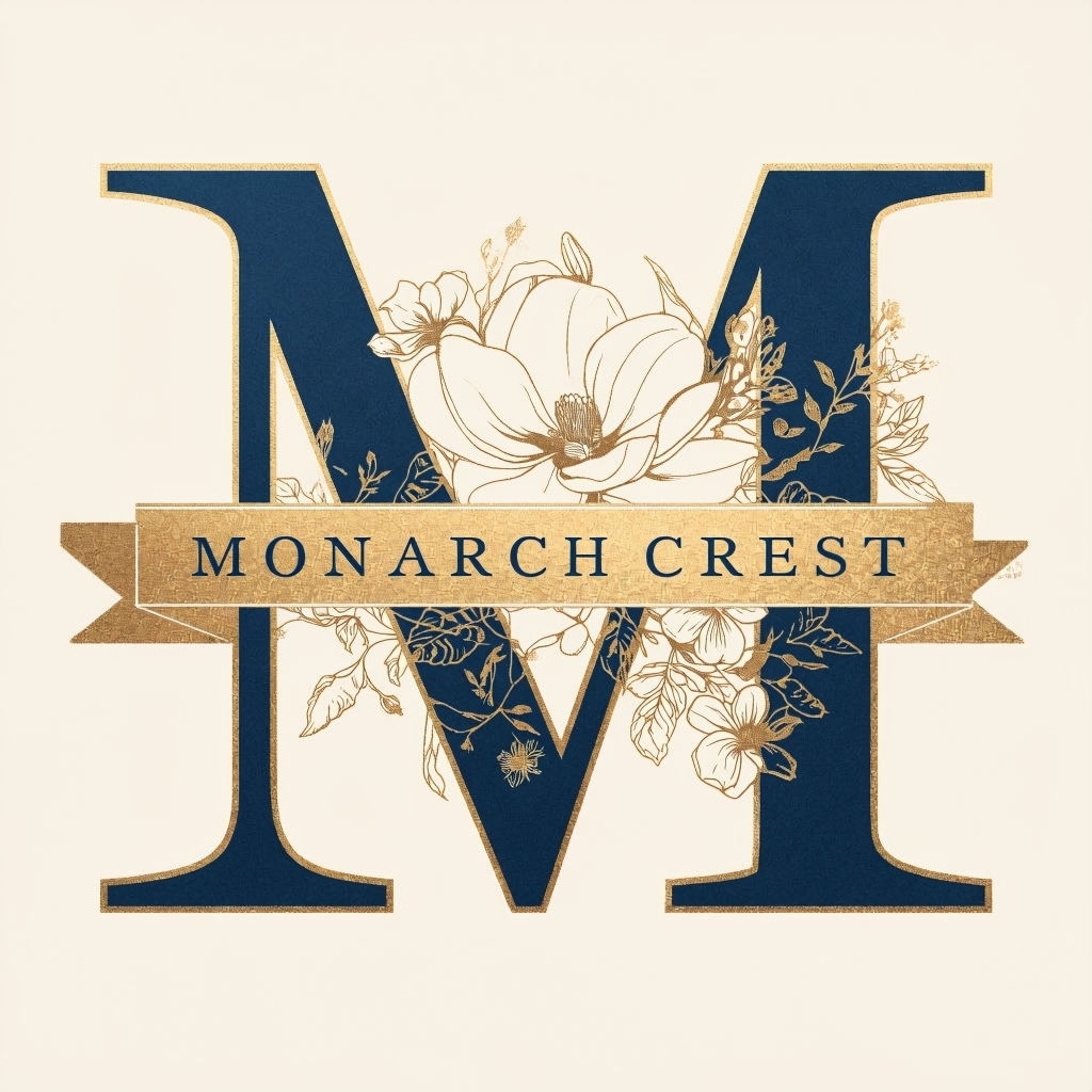 Elegant Navy Gold Letter M Monogram with Botanical Accents