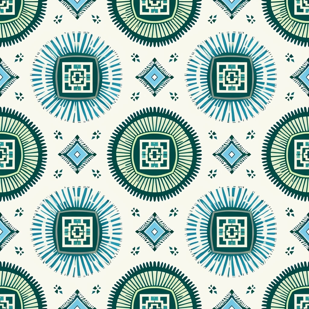 Modern Geometric Circular Motif Pattern in Green and Teal Seamless Pattern