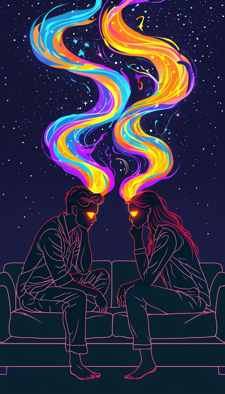 Cosmic Connection between Two Figures on Teal Couch Mobile Wallpaper