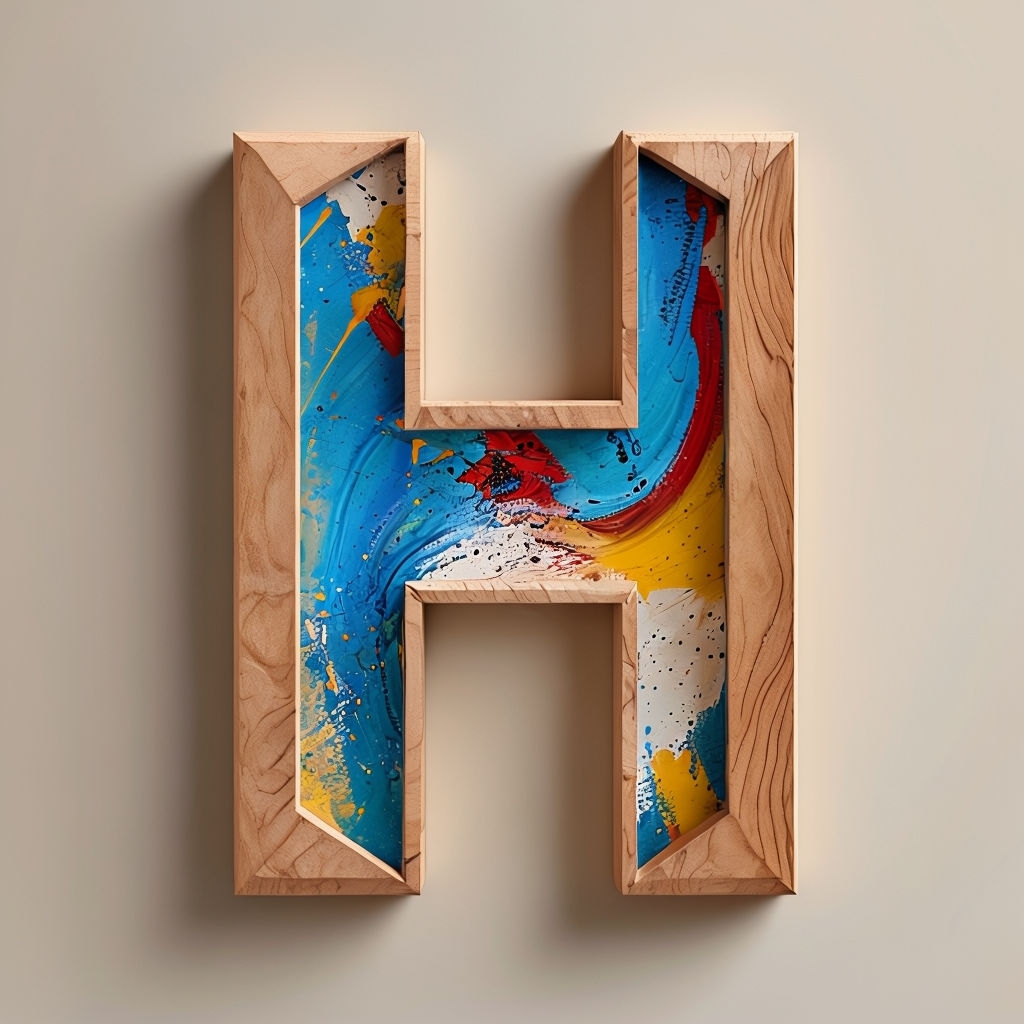 Vibrant 3D Letter H Monogram with Abstract Painting and Wood Elements Monogram