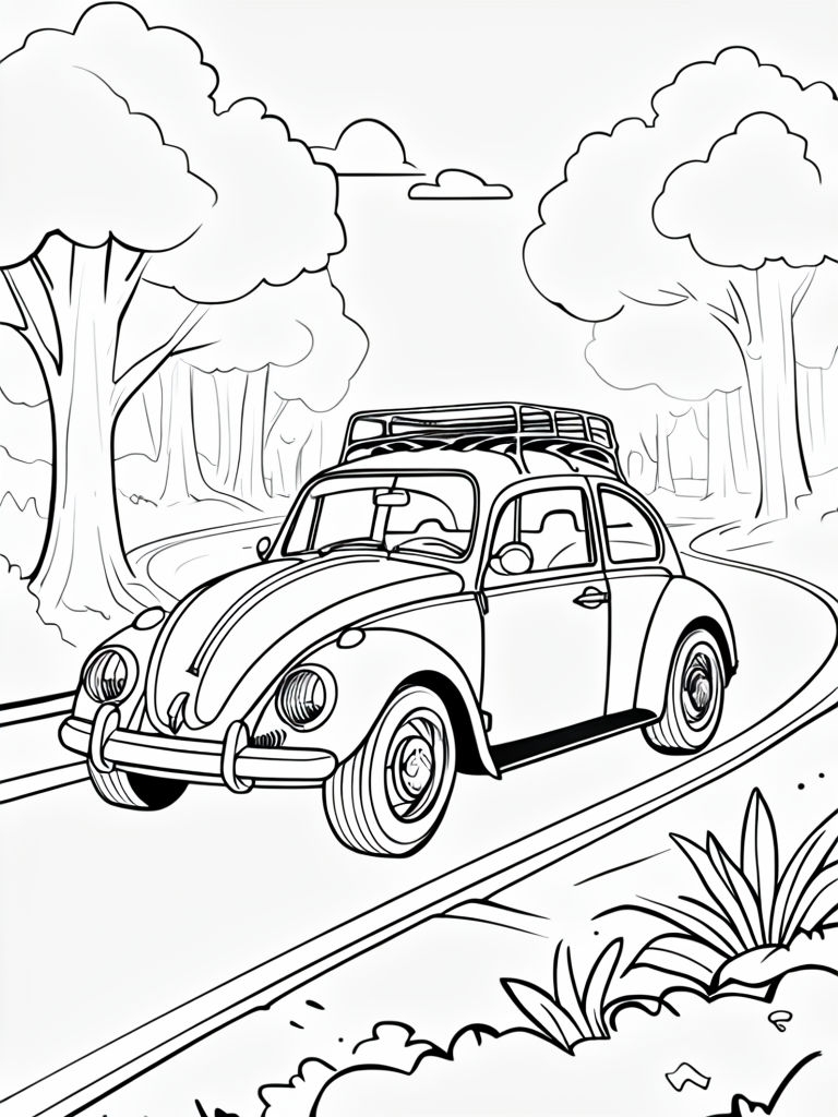 Vintage Volkswagen Beetle Line Drawing for Coloring Book Pages