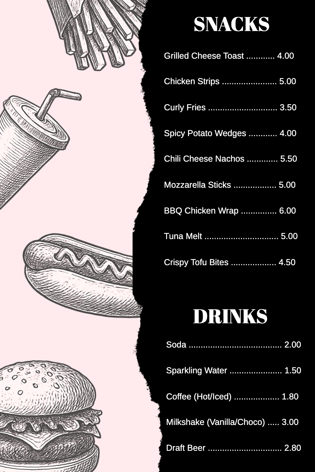 Hand-Drawn Snack and Drink Menu Design for Modern Cafes Flyer