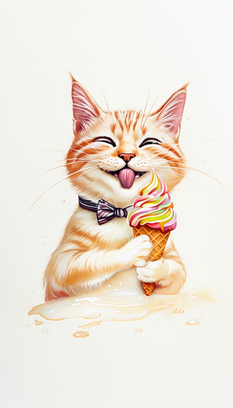 Whimsical Cat with Ice Cream Cone Cartoon Sticker