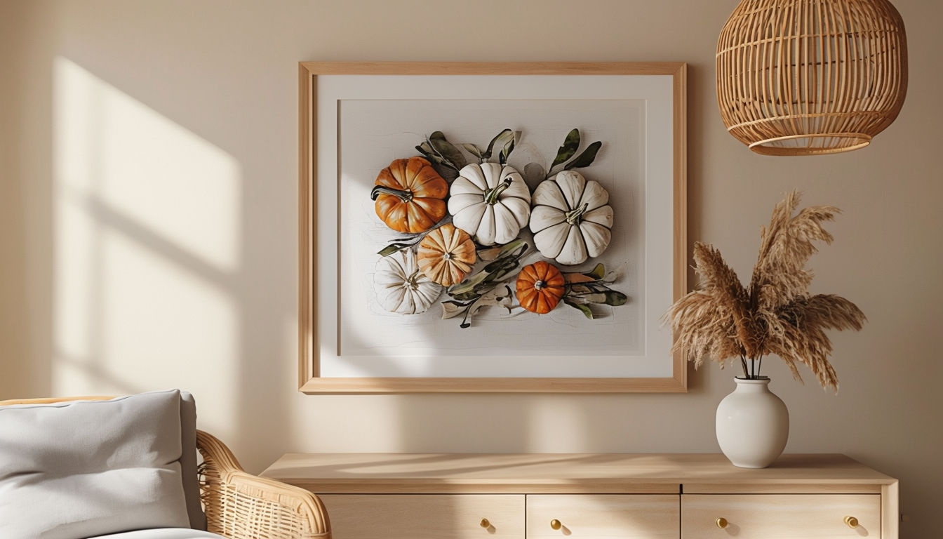 Cozy Interior Scene with Pumpkin Artwork and Dried Pampas Grass Art