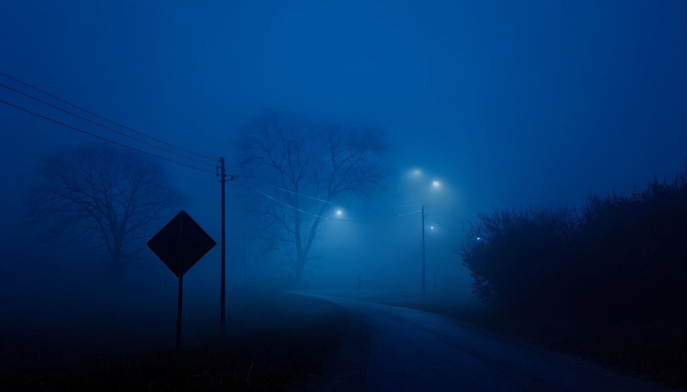 Mysterious Foggy Night Landscape in Deep Blue Tones Background