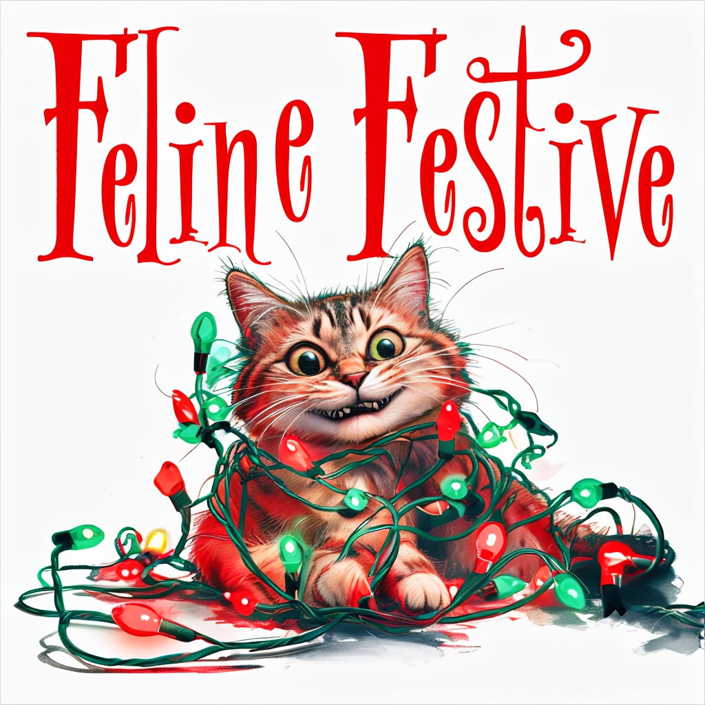 Feline Festive Cat Tangled in Christmas Lights Humorous Sticker