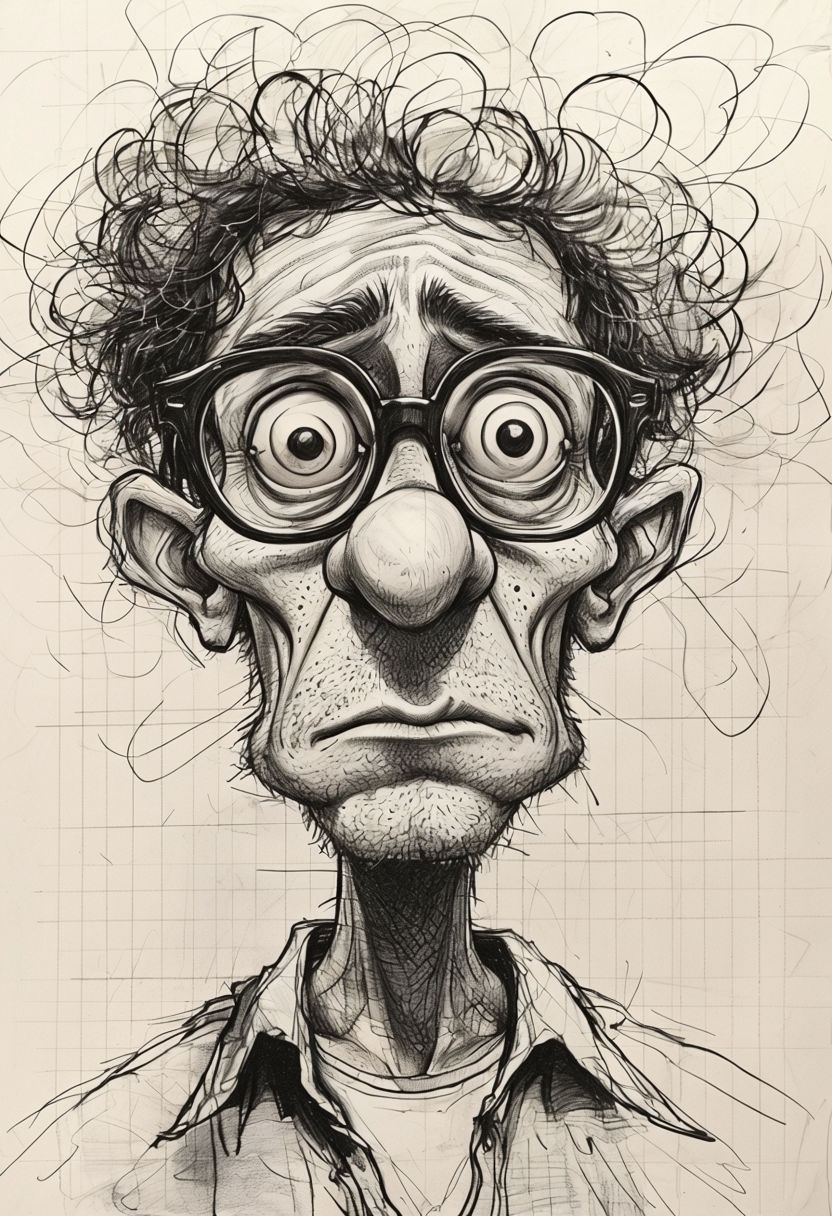 Exaggerated Black-and-White Male Character Face Sketch Art