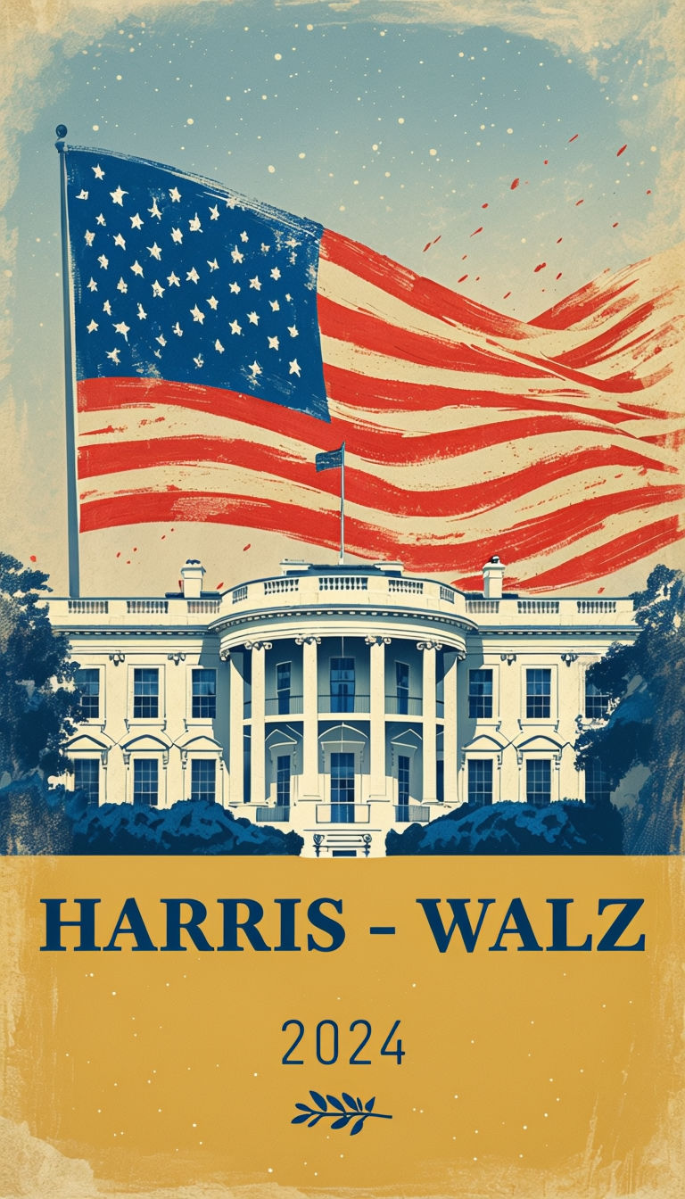 Patriotic Harris-Walz 2024 Campaign Poster Featuring the White House