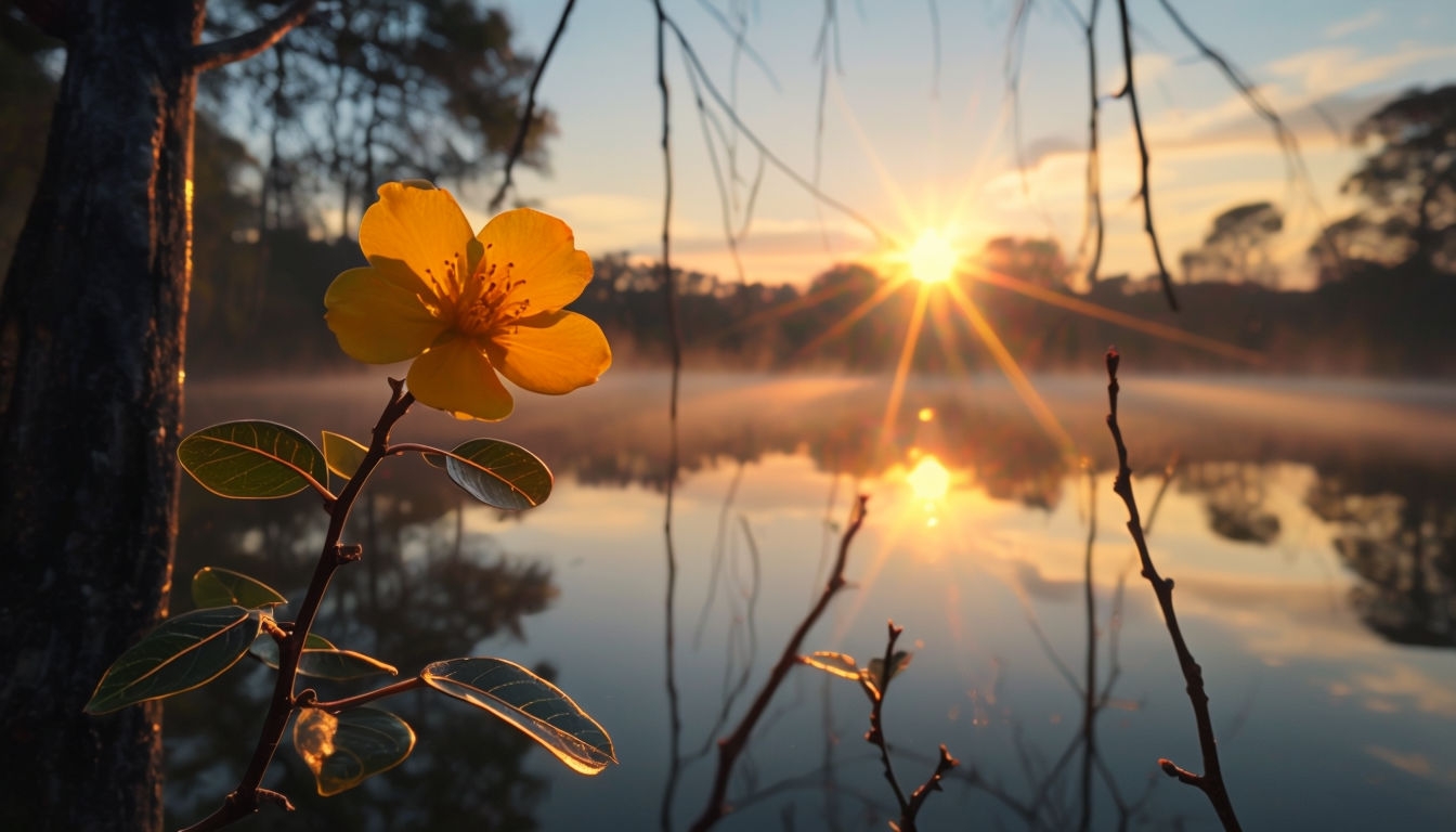 Tranquil Sunrise Over Water with Yellow Flower Virtual Background